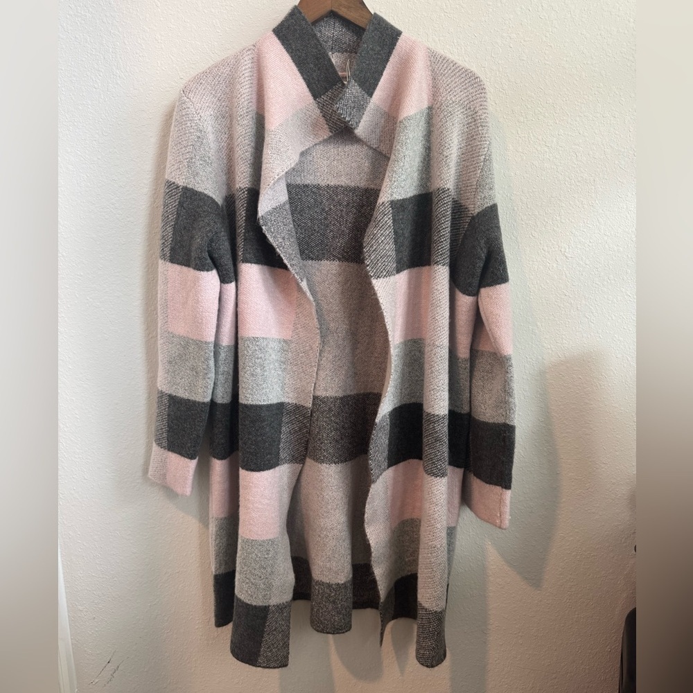 The Loft Open-Front Plaid Coatigan in Gray and Light Pink Size L - Picture 4 of 5